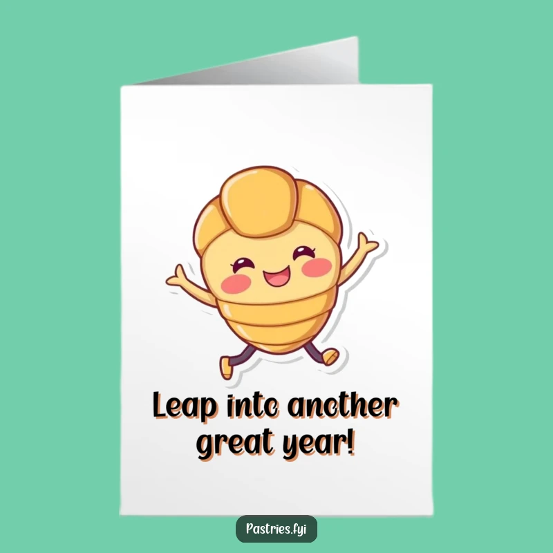 Free Printable Birthday Card: Funny Croissant Character Leaping for Joyful Wishes!