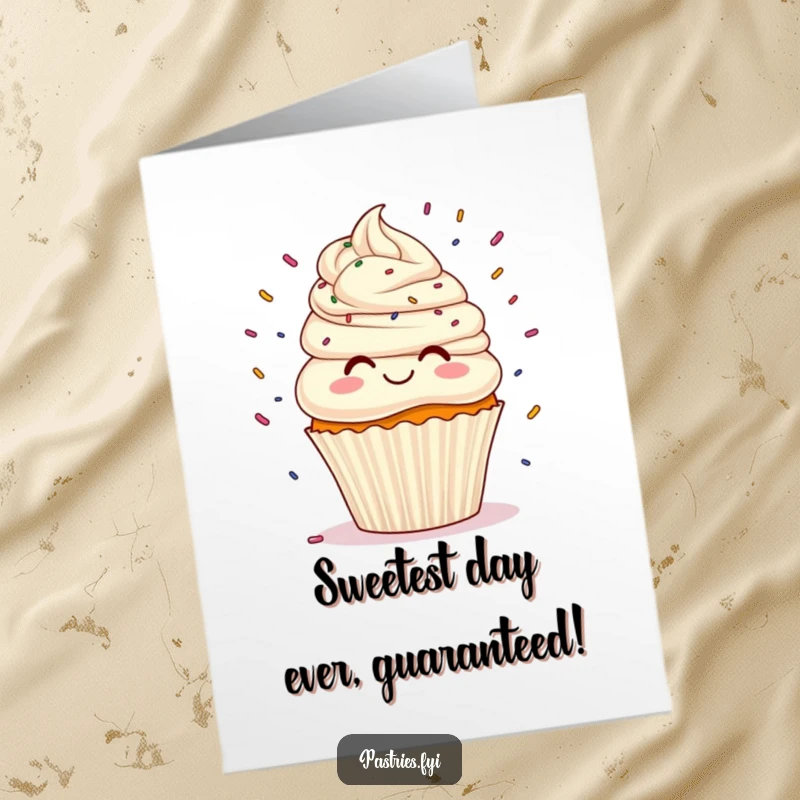 Funny Free Printable Birthday Card featuring a happy cupcake with frosting hair playfully juggling colorful sprinkles.