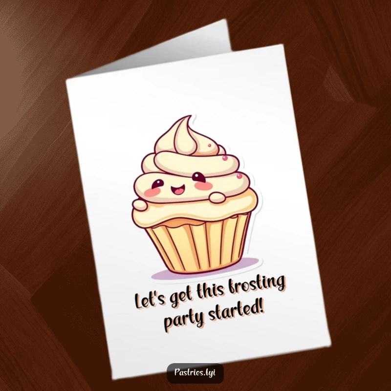 Funny free printable birthday card: a cheerful cupcake character gleefully slides down a swirl of frosting, laughing.