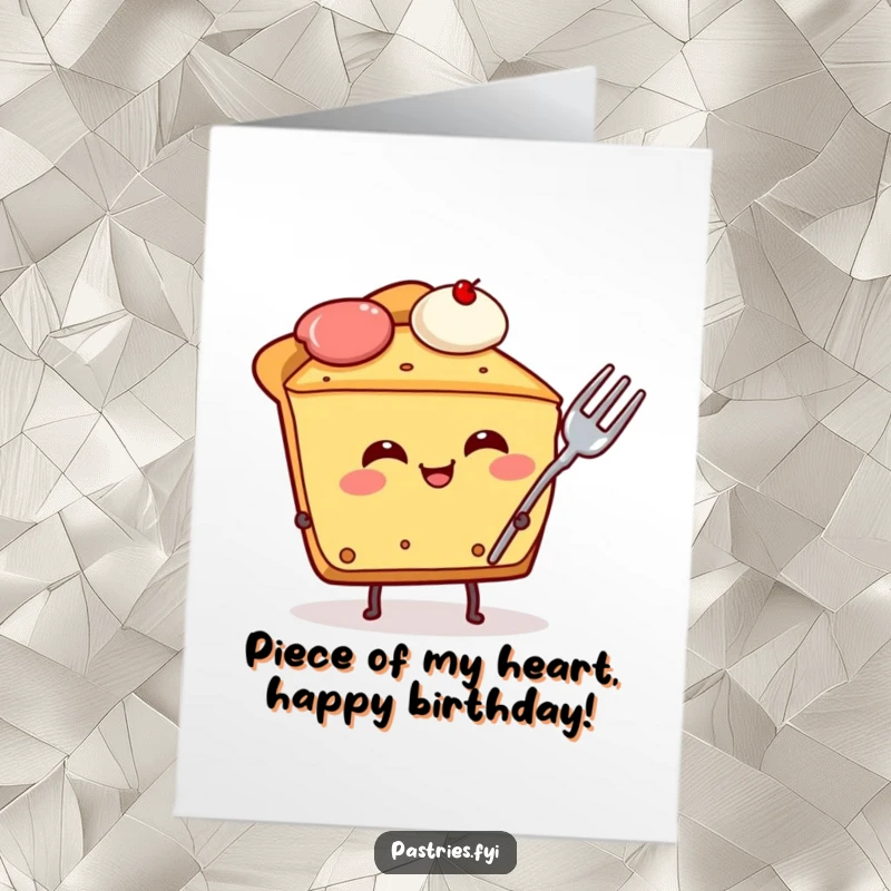 Funny Free Printable Birthday Card: Giggling slice of pie character, fork stuck in side, ready to party.