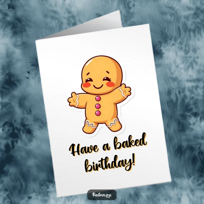 Funny Free Printable Birthday Card: A chubby gingerbread man doing a silly, contorted stretch, wishing happy birthday.
