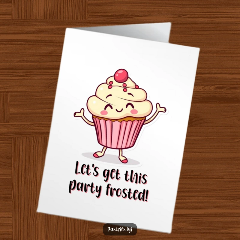 Funny Free Printable Birthday Card: A smiling cupcake character enthusiastically doing a silly jig, celebrating.