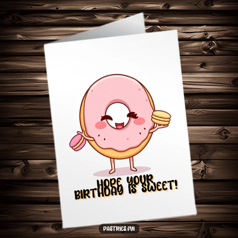 Funny Free Printable Birthday Card: A winking donut character skillfully juggles three small macarons, celebrating with flair.