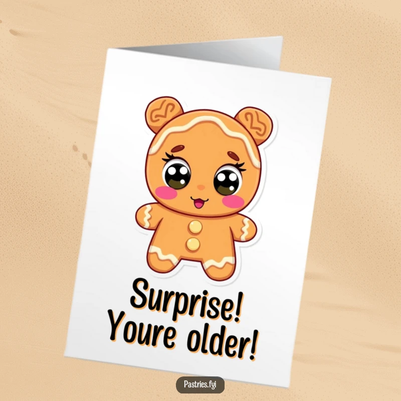 Funny Free Printable Birthday Card: A gingerbread cookie character with icing eyes wide in surprised delight.
