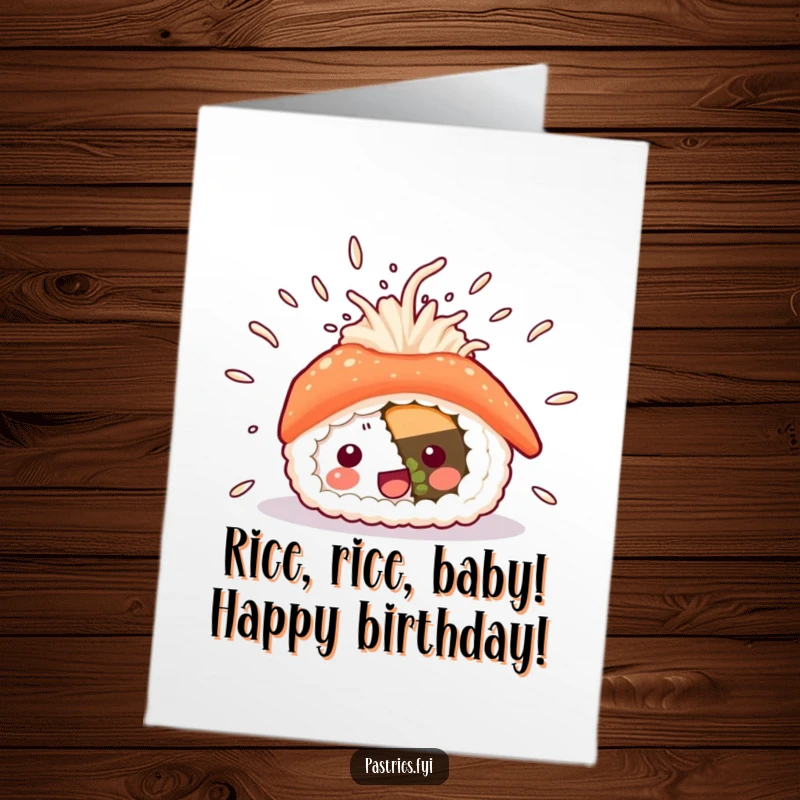 Funny Free Printable Sushi Birthday Card: Excited sushi character launching rice in a joyous, explosive celebration.