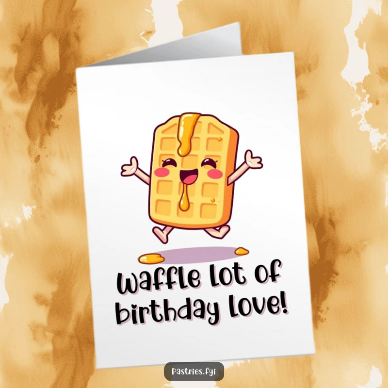Funny Free Printable Birthday Card featuring a happy waffle character doing a jumping jack with syrup dripping.