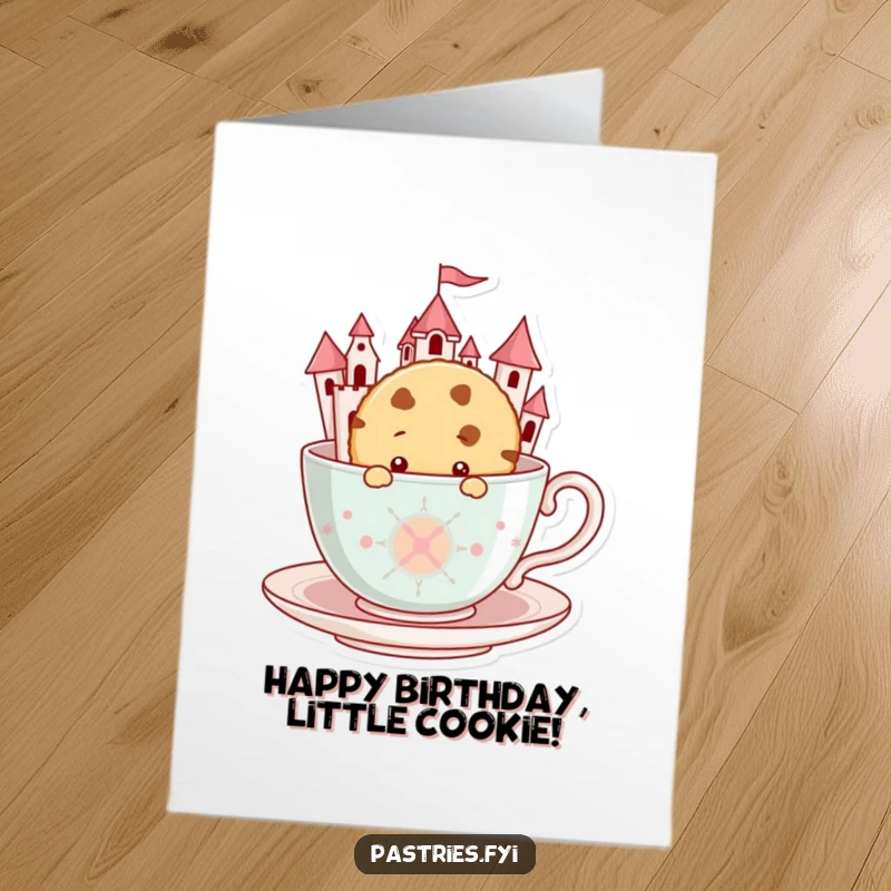 Funny Free Printable Birthday Card: A curious cookie character peeking from a giant teacup castle, inviting fun.