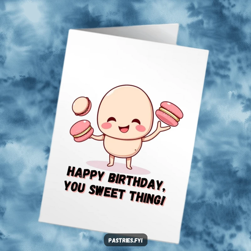 Funny Free Printable Birthday Card: A giggling macaron character skillfully juggling three smaller macarons, celebrating with playful energy.