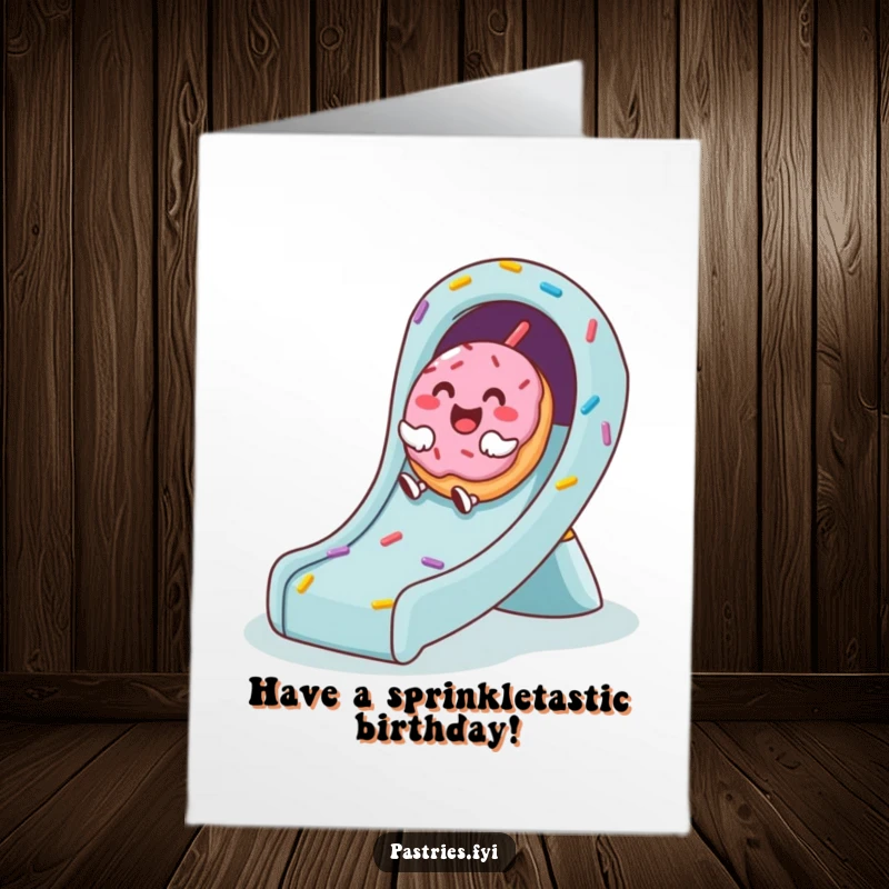 Funny Free Printable birthday card featuring a cute donut character giggling while sliding down a vibrant sprinkle slide.