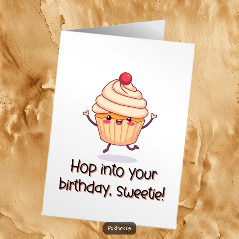 Funny Free Printable Birthday Card: A cheerful cupcake with tiny legs, doing a jubilant hop with infectious happiness.