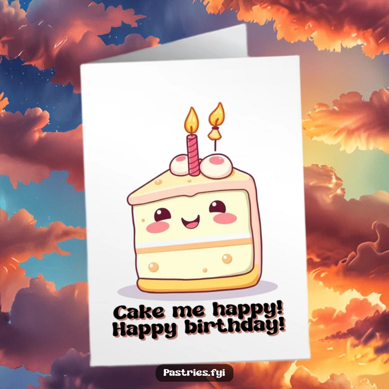 Joyful Free Printable Birthday Card: A happy Kawaii slice of cake with a brightly burning candle, ready to grant a wish.