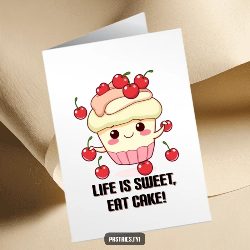 Funny Free Printable Birthday Card featuring a gleeful cupcake character joyfully juggling small red cherries, spreading cheer.