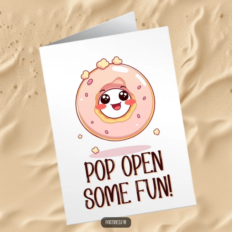 Funny free printable birthday card featuring a giggling donut hole character bouncing enthusiastically, resembling popcorn in motion.
