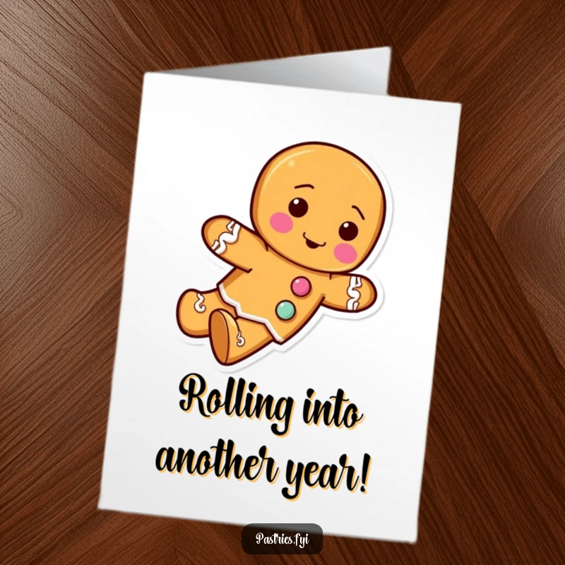 Funny Free Printable Birthday Card featuring a gingerbread man figure with frosting buttons, hilariously tumbling forward with excitement.