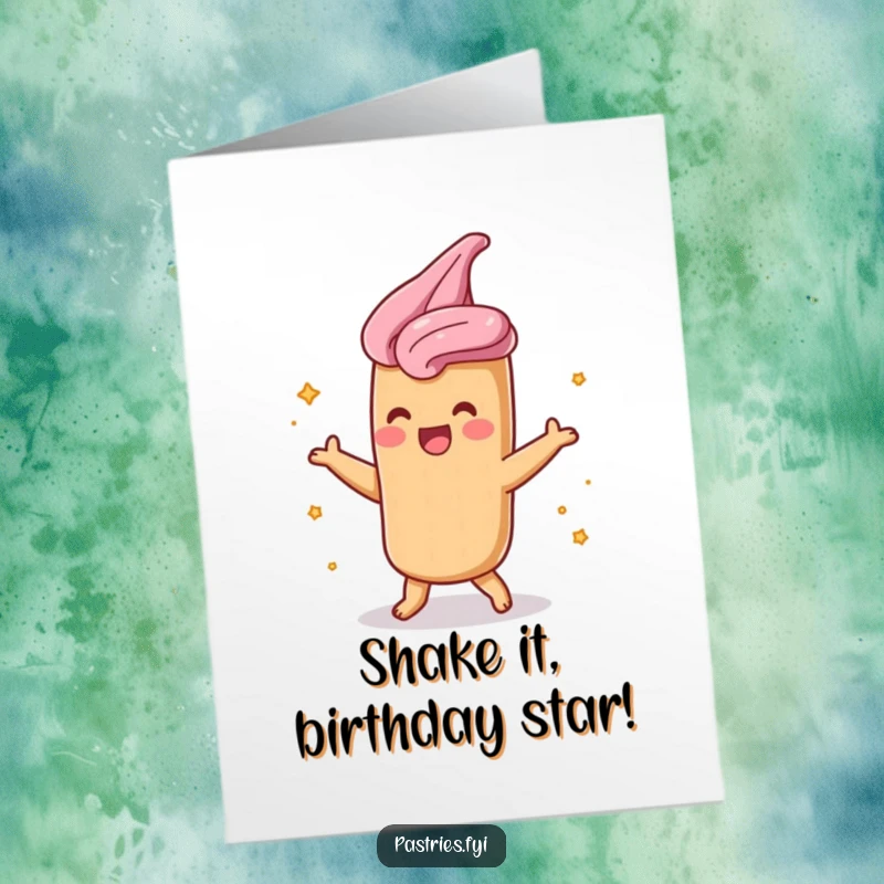 Funny Free Printable Birthday Card: Delighted churro character shimmy-ing with cinnamon sugar, spreading birthday cheer.