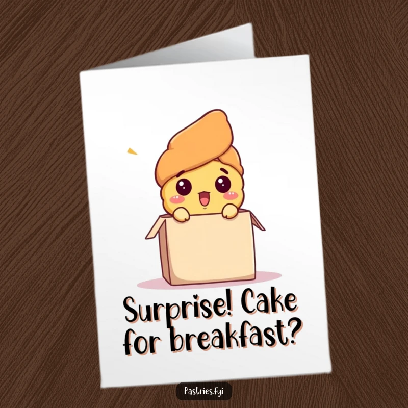 Funny free printable birthday card: a shocked croissant character leaps out of a gift box, eyes wide with surprise.