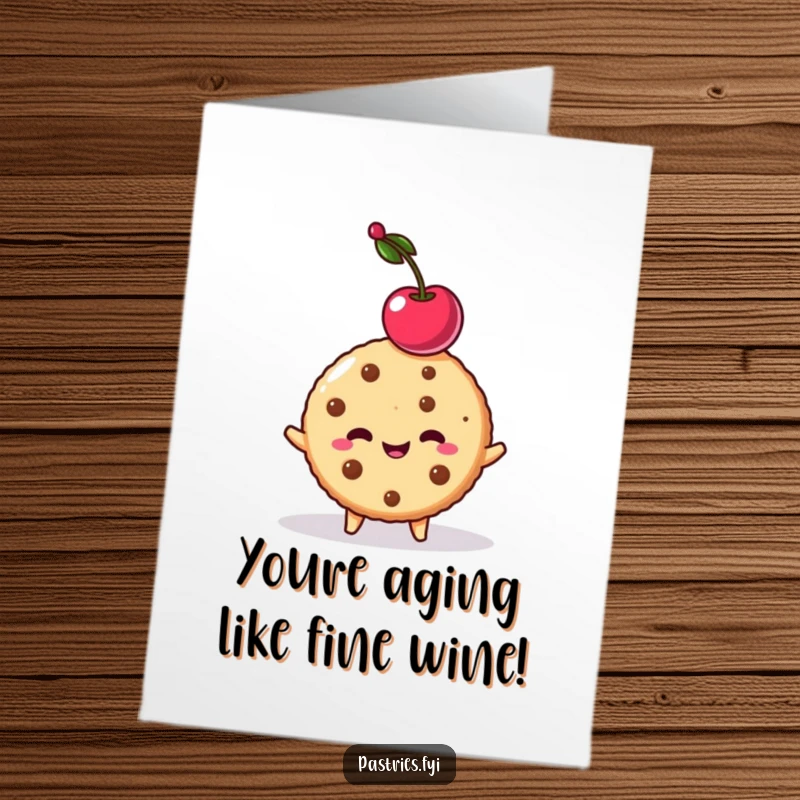 Funny Free Printable Birthday Card: Mischievous cookie character balancing a cherry on its head, ready to party.
