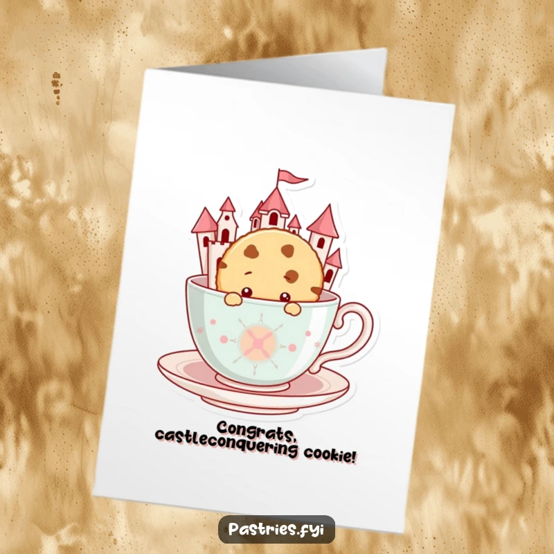 Funny Free Printable Congratulations Card: A curious cookie peeking from a teacup castle, celebrating an accomplishment.