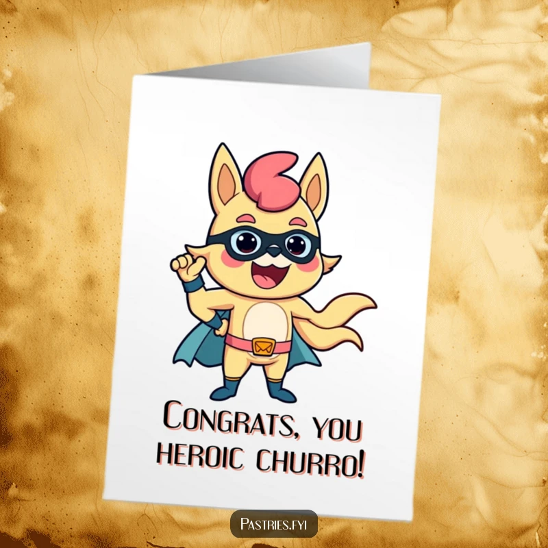 Funny Free Printable Congratulations Card: A churro character posing confidently like a superhero, celebrating success.