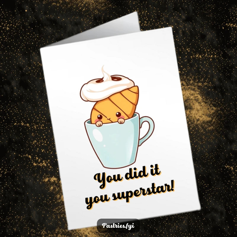 Funny Free Printable Congrats Card: A shy croissant character curiously peeking from behind an oversized coffee cup.
