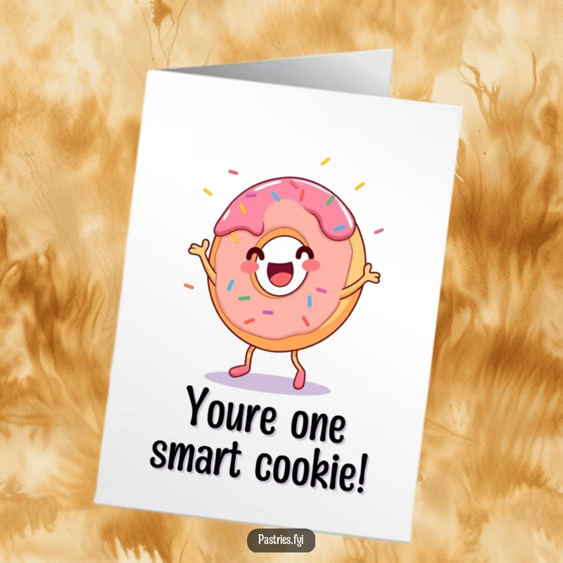 Funny Free Printable Congrats Card: A cheerful donut character dancing energetically, showering confetti-like sprinkles.