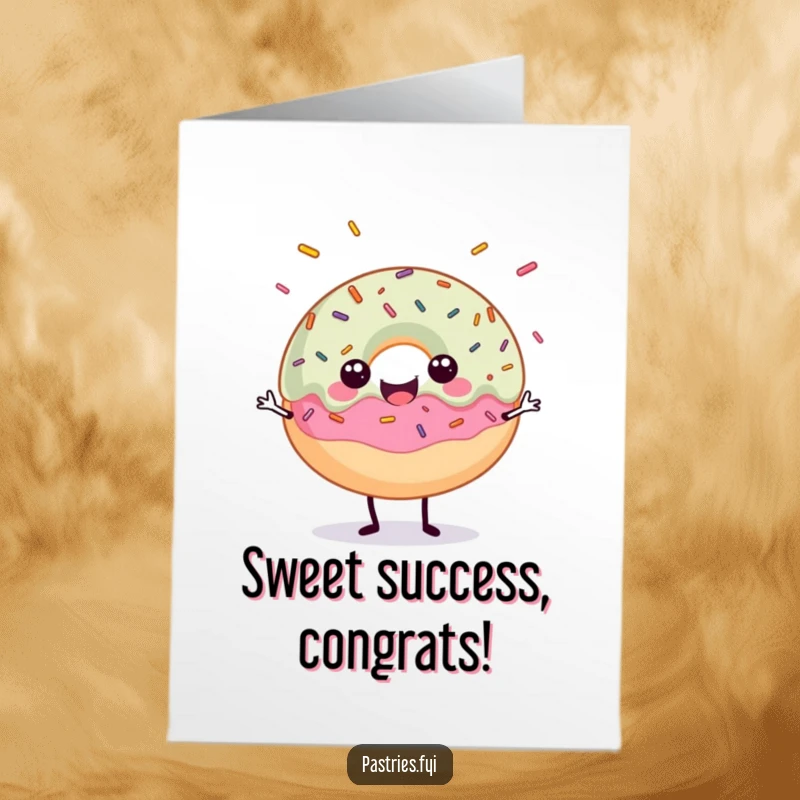 Free Printable Congratulations Card showing a happy donut character juggling sprinkles, celebrating a sweet success with fun.