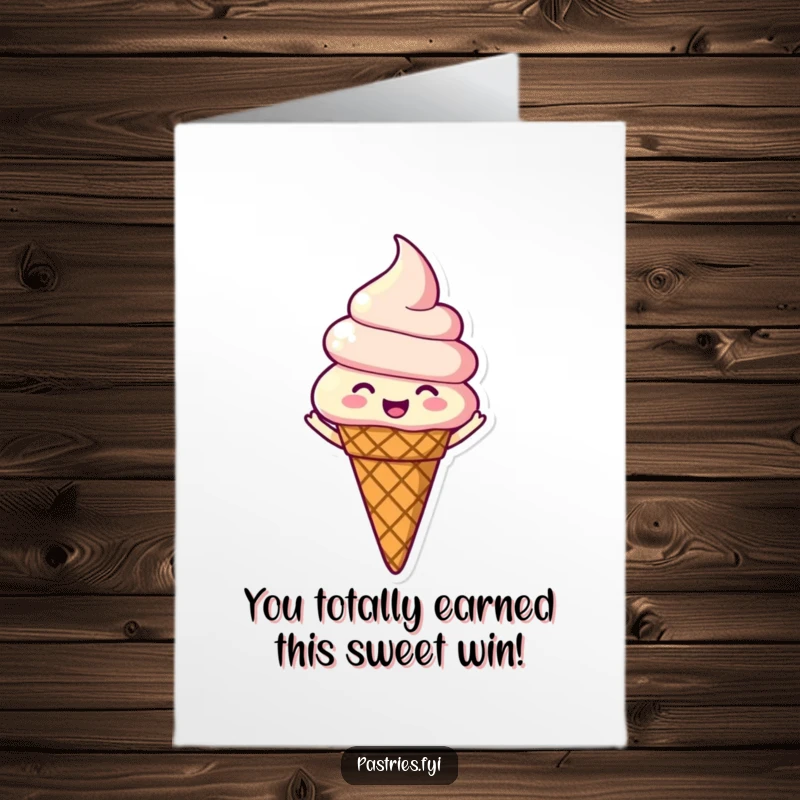 Funny Free Printable Congratulations Card: An ice cream cone character spinning gleefully, celebrating a sweet victory.