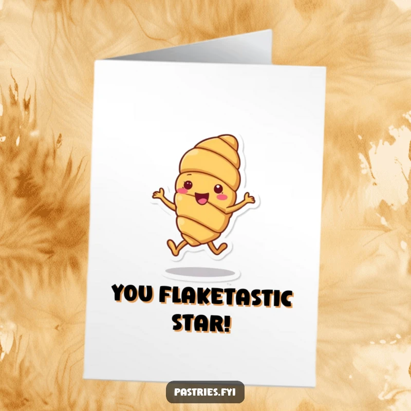 Funny free printable congratulations card showing a happy croissant character mid-hop, celebrating an achievement with pure enthusiasm.