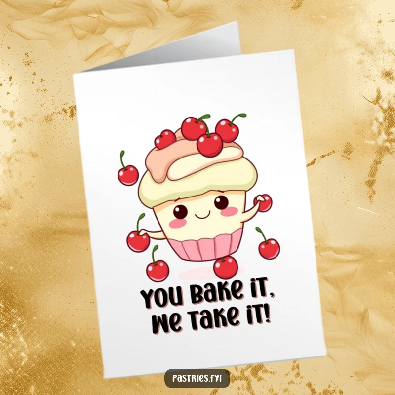 Funny Free Printable Congratulations Card showing a happy cupcake character expertly juggling cherries, celebrating success.