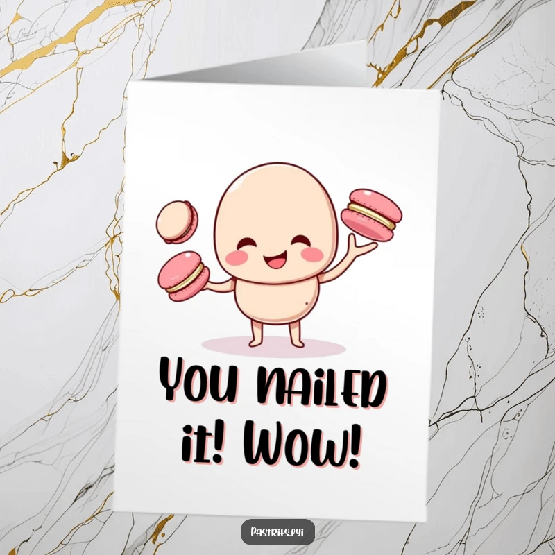 Funny Free Printable Congratulations Card: A giggling macaron juggling smaller macarons, representing skill and celebration in a humorous way.