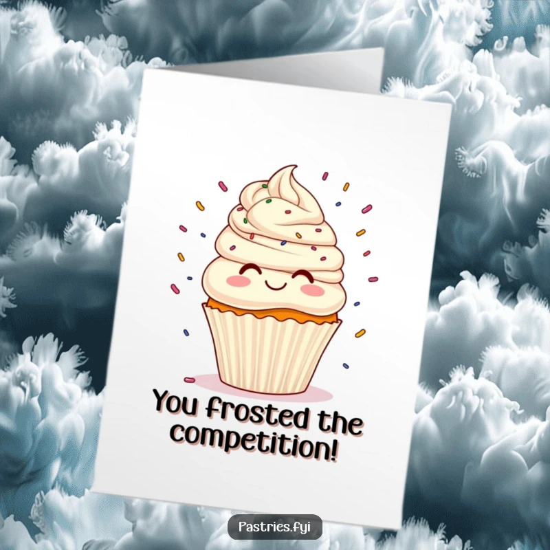 Funny Free Printable Congratulations Card: A cheerful cupcake with frosting hair is joyfully juggling sprinkles.