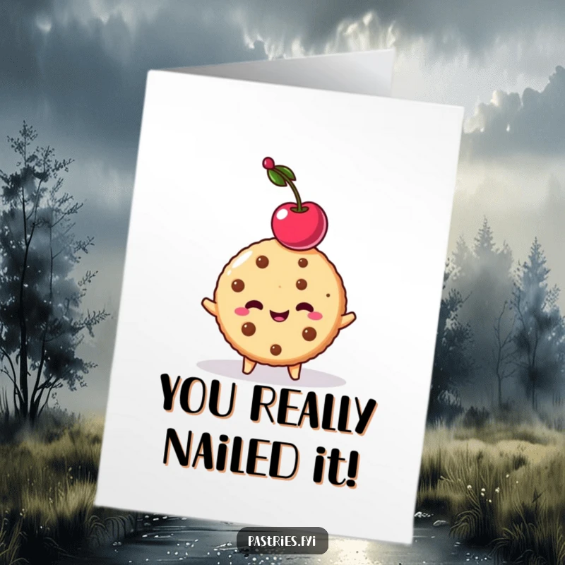 Funny Free Printable Congrats Card: Mischievous cookie character's precarious cherry balance signals a big success.