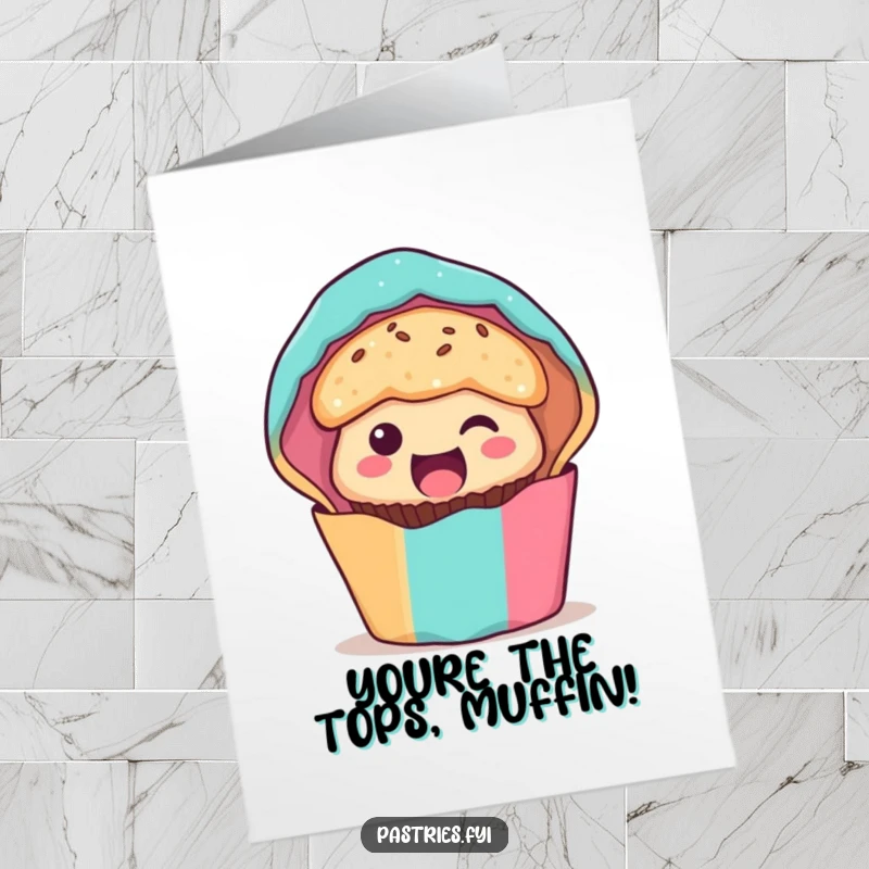Funny Free Printable Congratulations Card: Excited muffin character peeking from colorful wrapper, cheering loudly.