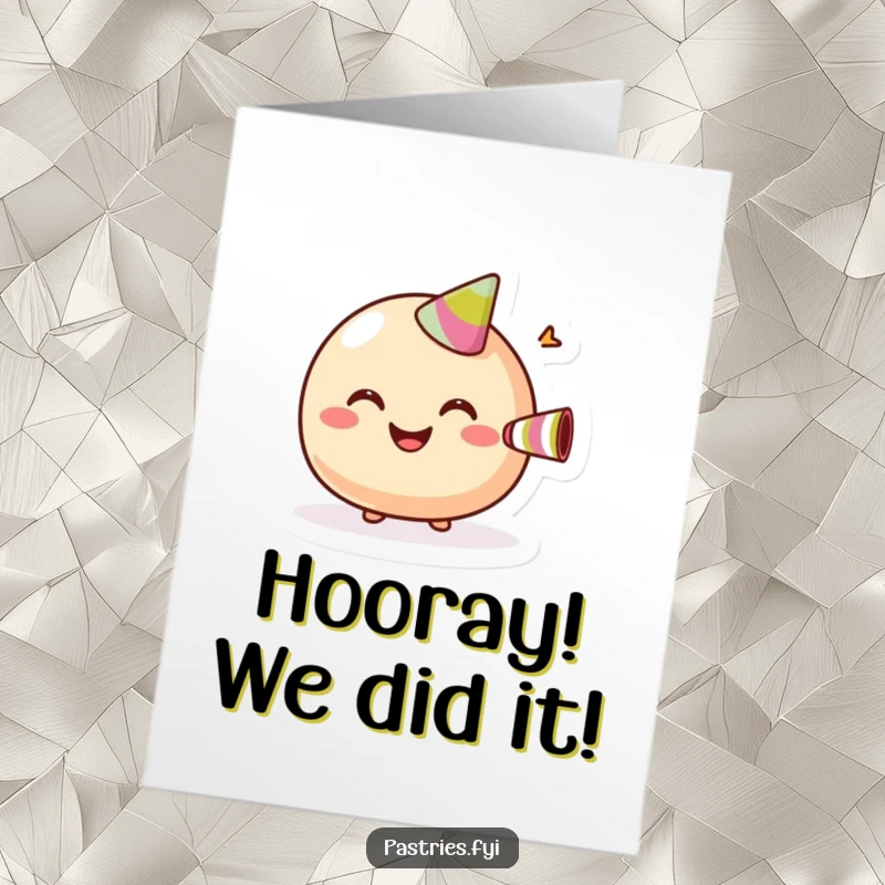 Funny free printable congratulations card: A wide-grinned macaroon gleefully blowing a tiny party horn to celebrate success.