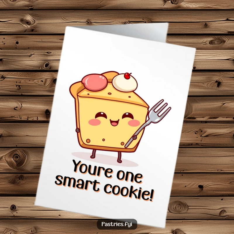 Funny Free Printable Congratulations Card: Giggling slice of pie character, fork stuck in side, celebrating success.
