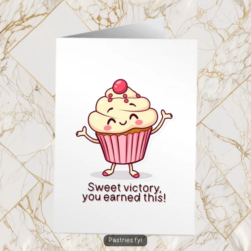 Funny Free Printable Congratulations Card: A smiling cupcake character doing a silly jig to celebrate success.