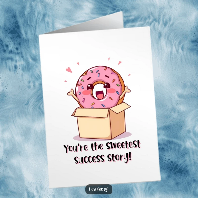 Funny free printable congratulations card featuring a happy donut with sprinkles popping out of a box, symbolizing an exciting event.