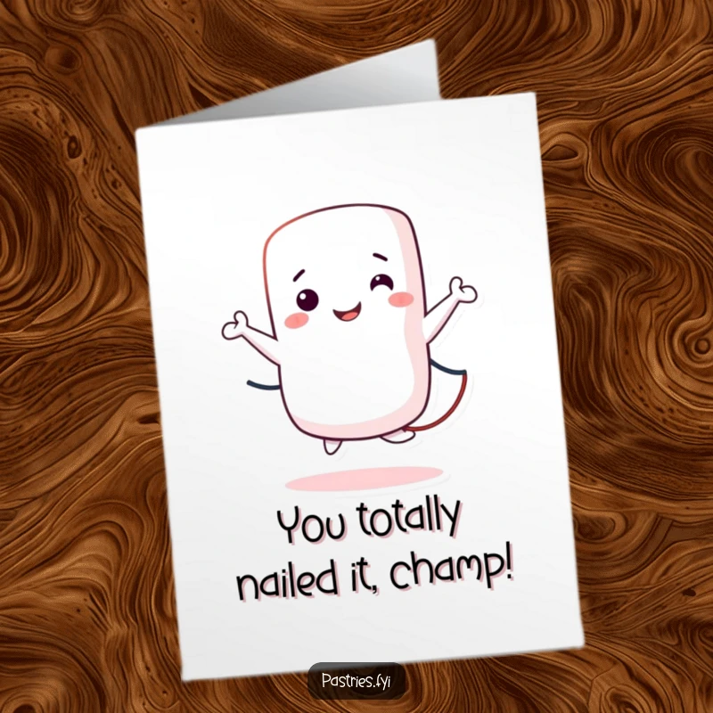 Funny Free Printable Congratulations Card: A happy marshmallow character triumphantly jumping rope, celebrating success.