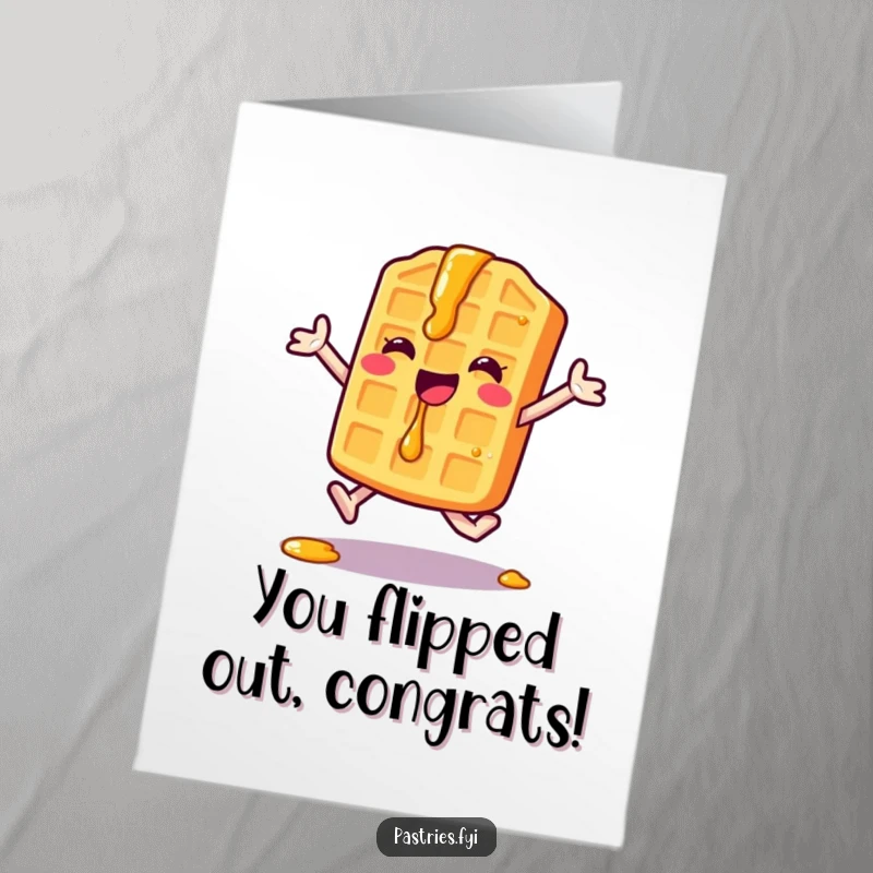Funny Free Printable Congratulations Card showing a happy waffle character performing a jumping jack with syrup drips flying.