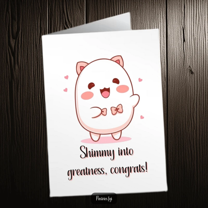 Funny Free Printable Congratulations Card: A cute mochi character shimmying energetically with tiny bowties, celebrating success.
