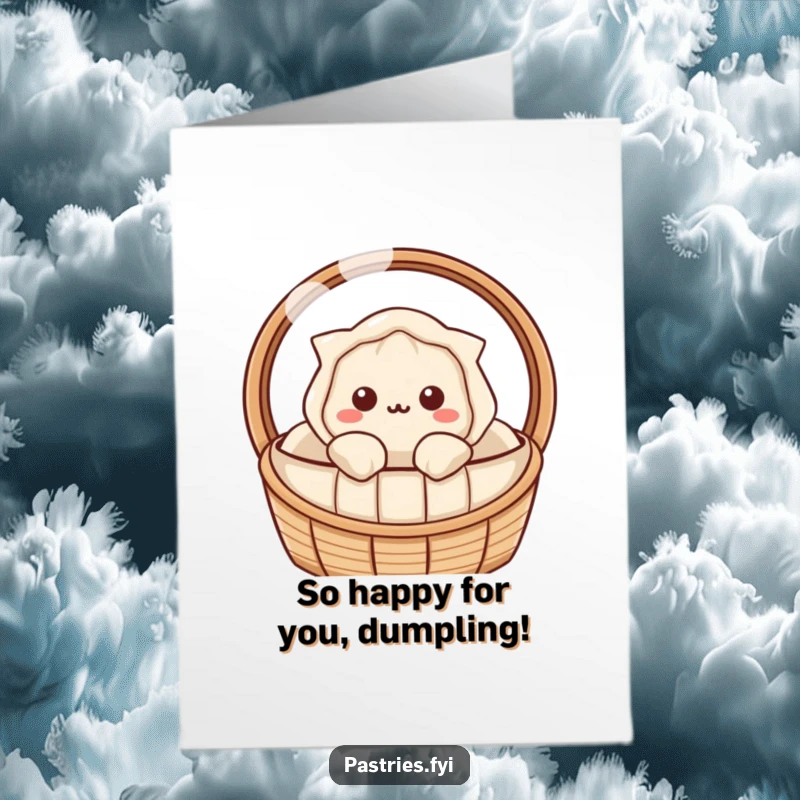 Cute Free Printable Congrats Card: A curious Kawaii dumpling peeking from a basket, symbolizing a delightful surprise or achievement.