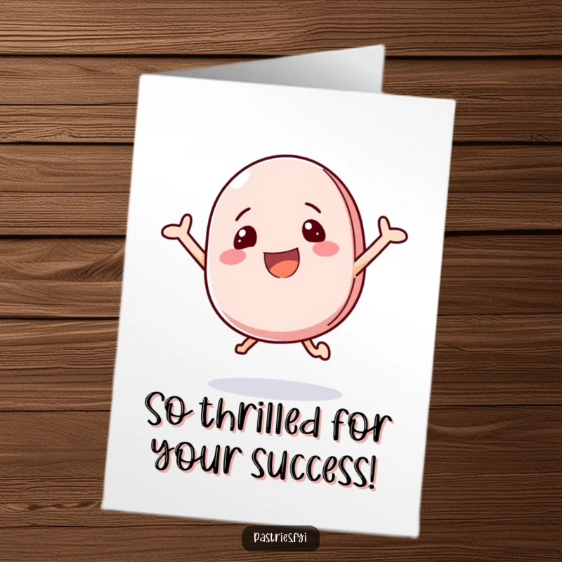 Free Printable Congratulations Card featuring a happy macaron character bouncing energetically with excitement.