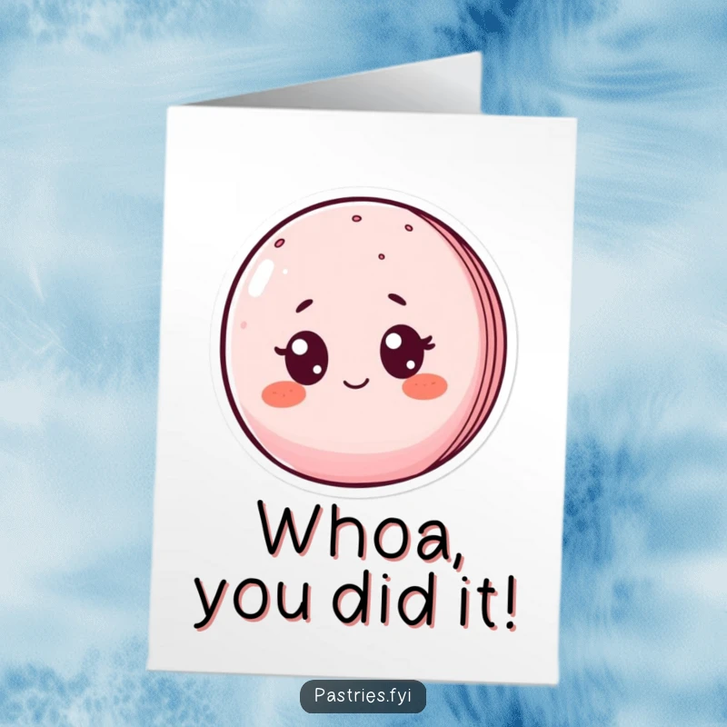 Funny Free Printable Congratulations Card showing a wide-eyed, blushing macaron character looking utterly surprised by good news.