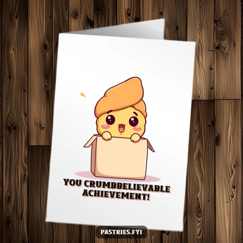 Funny free printable congratulations card: a croissant character looks astonished as it pops from a box, celebrating success.