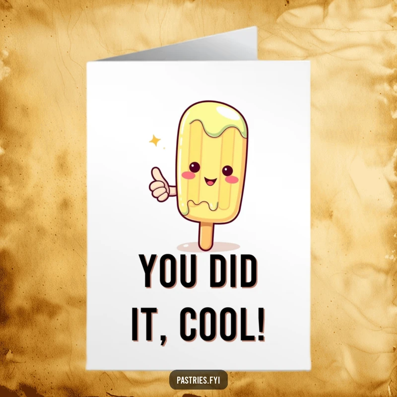 Free Printable congratulations card of a melting Kawaii popsicle giving a positive thumbs up, signifying sweet success.