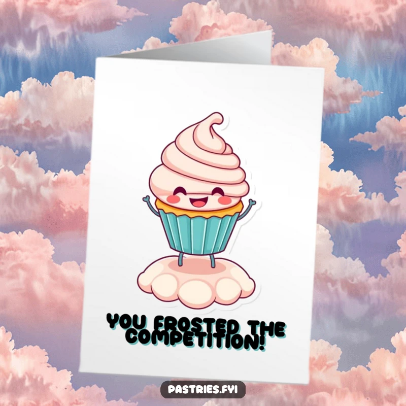 Free Printable Congratulations Card features a cheerful cupcake character energetically bouncing on its sweet frosting, celebrating success.