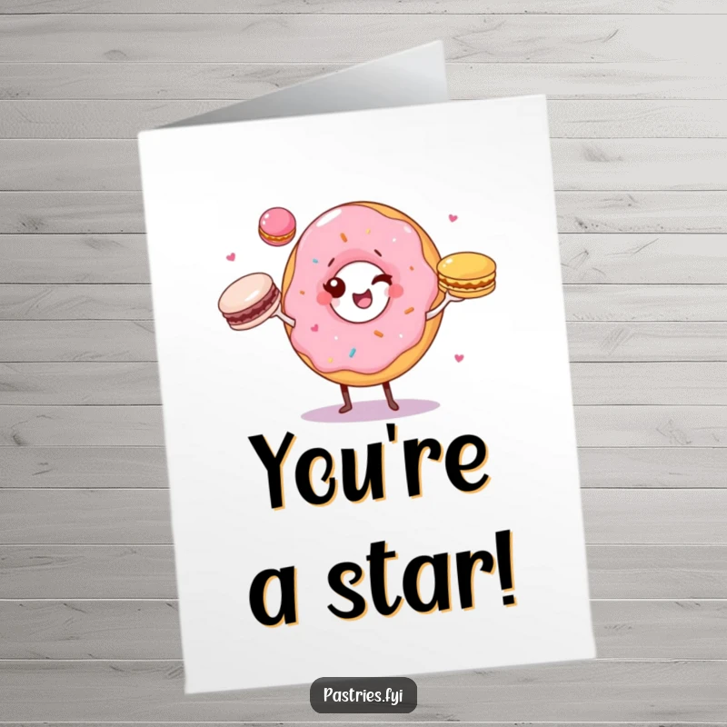 Funny free printable congratulations card featuring a winking donut character juggling vibrant macarons, celebrating a special milestone.