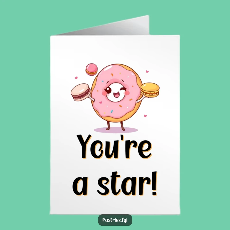 Free Printable Congrats Card: Winking Donut Macaron Juggler, Downloadable Success