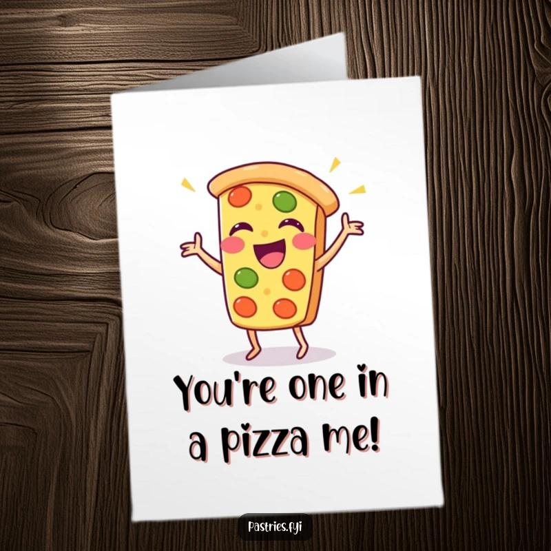 Funny Free Printable Congrats Card: A laughing Kawaii pizza slice performing a joyous, silly dance to celebrate any achievement.