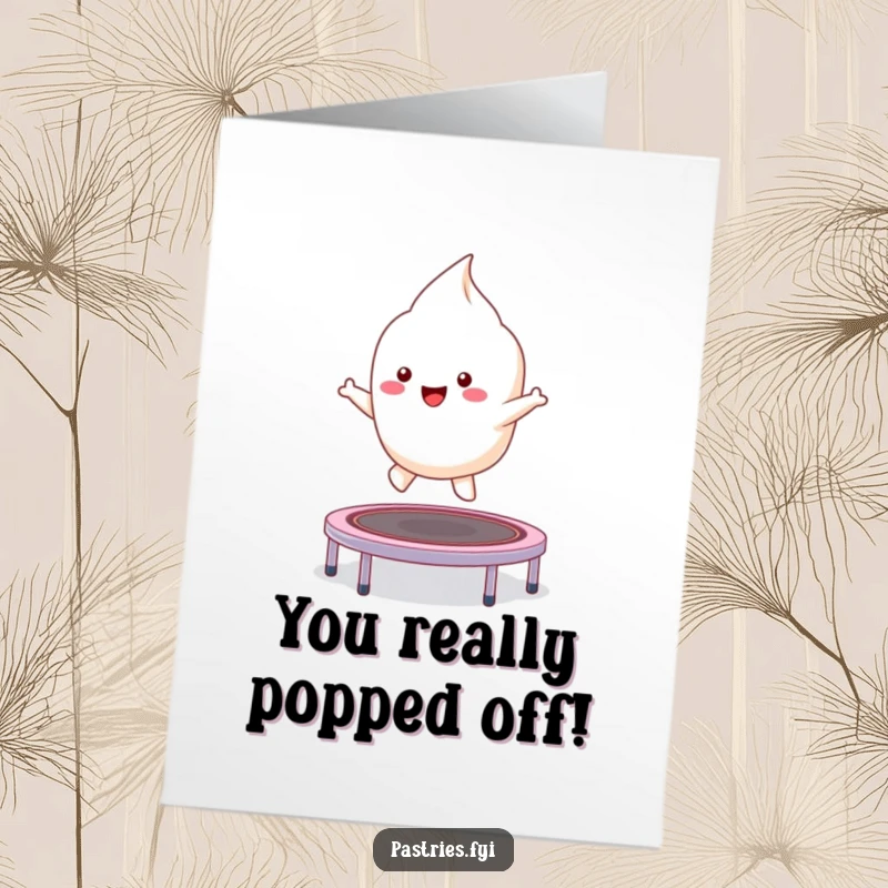Funny Free Printable Congratulations Card: A cute kawaii meringue character is joyfully bouncing on a miniature trampoline.